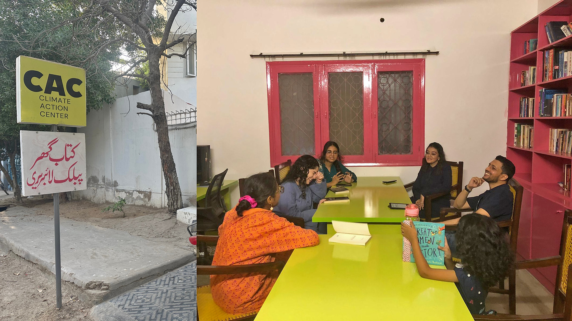 The collage of images created on November 7, 2024, shows (left) the signboard of the citizen-run free Kitab Ghar and (right) a book club meeting at Kitab Ghar in Karachi on October 21, 2024. (AN photo and Areeba Fatima)