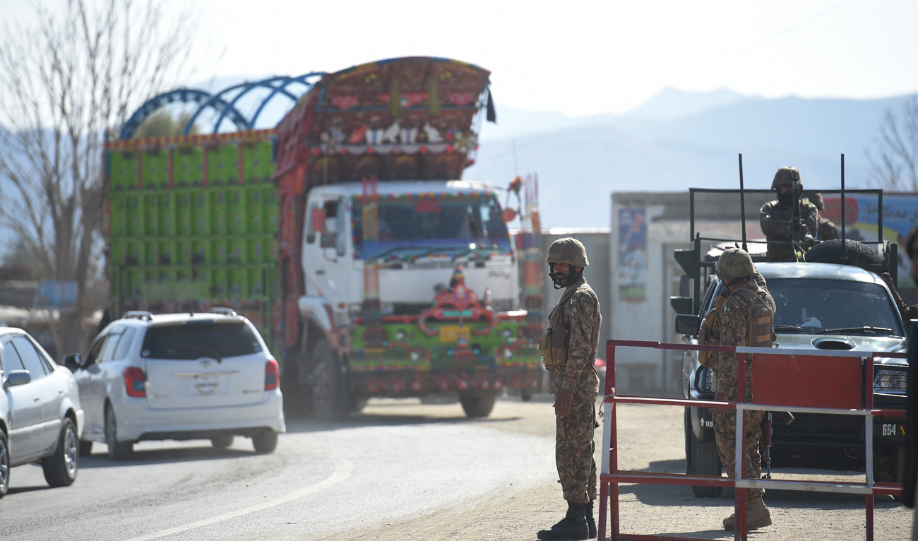 In this file photo, taken on January 27, 2019, Pakistani army soldiers stand guard at a check point in Miran Shah, a town in North Waziristan, near the border between Pakistan and Afghanistan. (AFP/File)