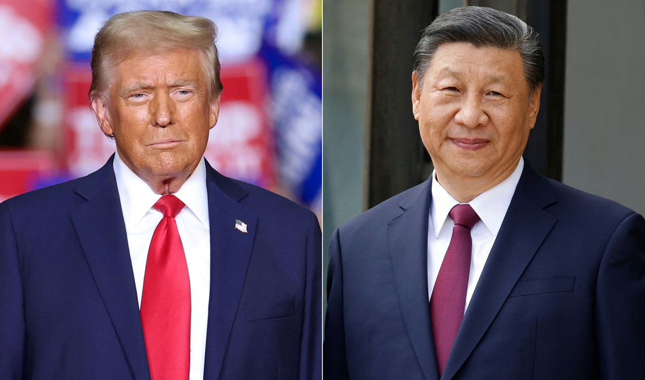 This combination of pictures created on November 07, 2024 shows US President-elect Donald Trump (L) during a campaign rally at PPG Paints Arena in Pittsburgh, Pennsylvania on November 4, 2024, and Chinese President Xi Jinping (R) at The Elysee Presidential Palace in Paris on May 6, 2024. (AFP)