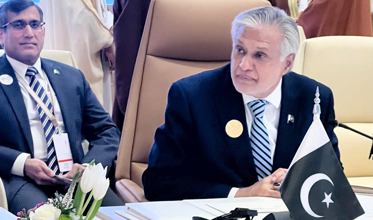 Pakistan’s Deputy Prime Minister Ishaq Dar gestures during the Organization of Islamic Cooperation’s (OIC) Council of Foreign Ministers (CFM) meeting in Riyadh on November 10, 2024. (Photo courtesy: MOFA)