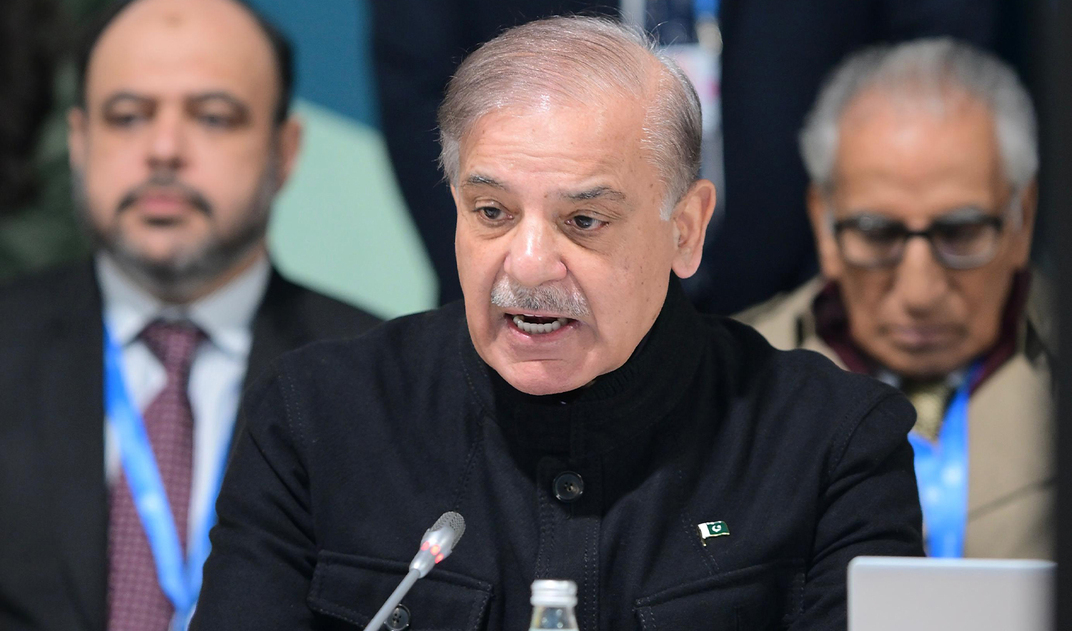 Pakistan Prime Minister, Shehbaz Sharif, addresses the High-Level Climate Finance Roundtable hosted by Pakistan at the COP29 Climate Action Summit in Baku, Azerbaijan, on November 12, 2024. (Government of Pakistan)