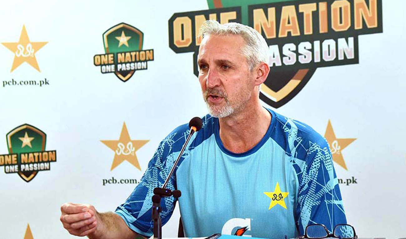 Pakistan Head Coach Jason Gillespie speaks during a press conference ahead of the third and final Test against England, in Karachi on October 23, 2024. (APP/File)