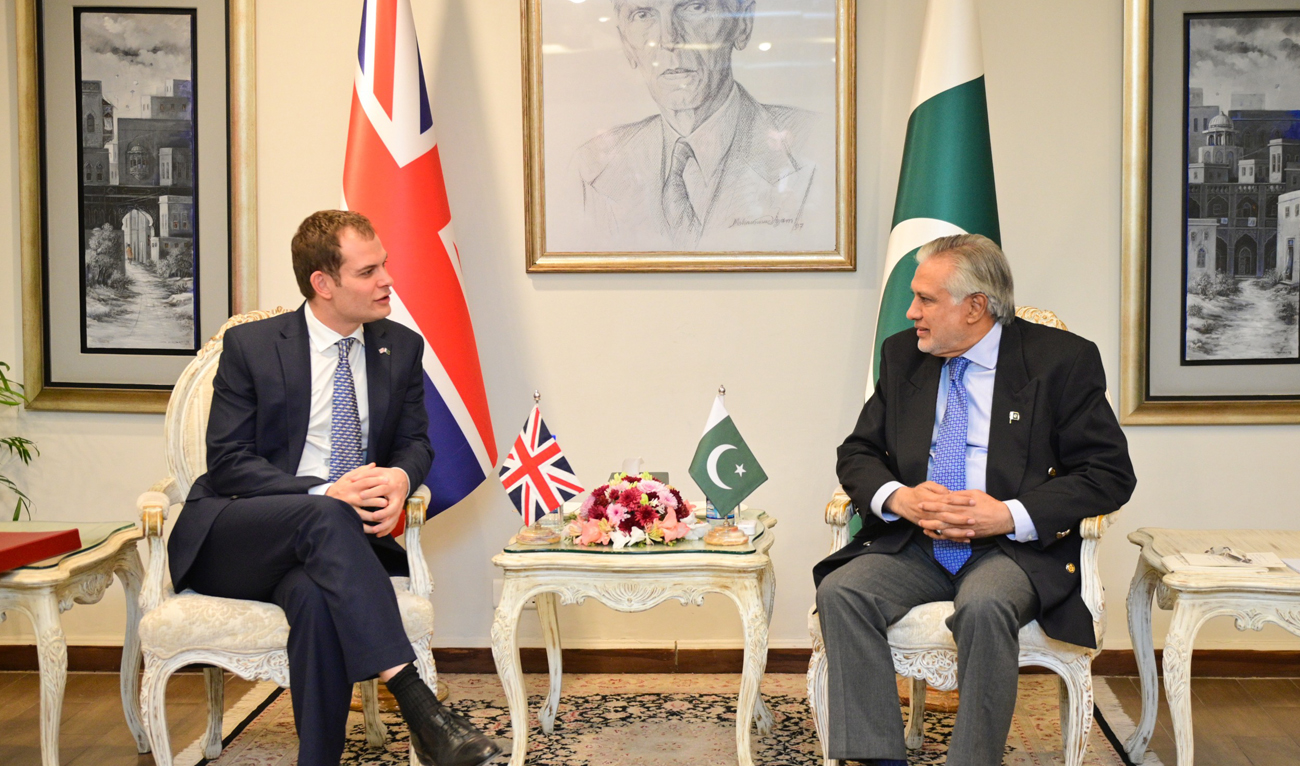 Pakistan’s Deputy Prime Minister Ishaq Dar gestures during the meeting with British Under-Secretary of State Hamish Falconer at the Ministry of Foreign Affairs in Islamabad on November 19, 2024. (Photo courtesy: MOFA)