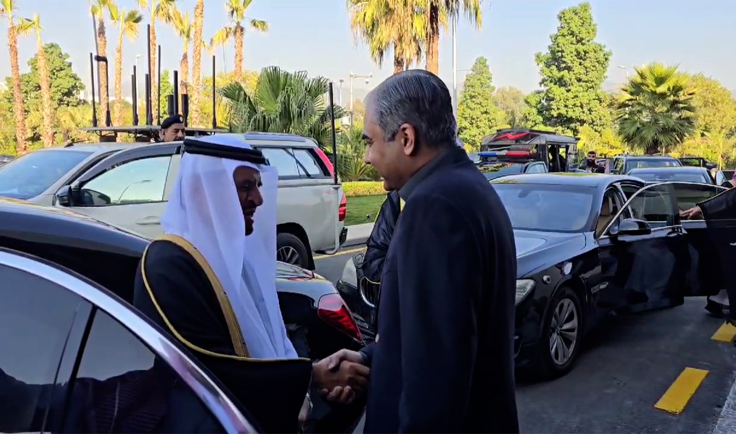 Pakistani interior minister Mohsin Naqvi (right) receives Saudi Deputy Interior Minister Dr. Nasser bin Abdulaziz Al-Dawood in Islamabad, Pakistan, on November 20, 2024. (Government of Pakistan)