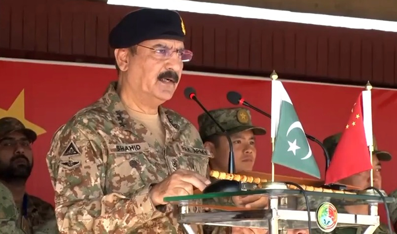 This screengrab taken from a video shared by Inter-Services Public Relations shows Rawalpindi Corps Commander Lieutenant General Shahid Imtiaz addressing the opening Ceremony of Pakistan, China joint counter-terror exercise ‘Warrior-VIII’ at National Counter Terrorism Center (NCTC), in district Nowshehra of Khyber Pakhtunkhwa province, on November 20, 2024. (ISPR)