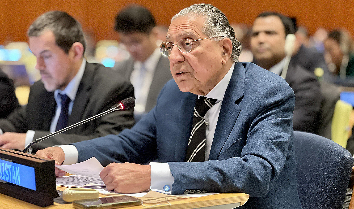 Pakistan’s Permanent Representative to the UN, Munir Akram, addresses a session of UN Security Council in New York, US, on November 19, 2024. (@PakistanUN_NY/X)