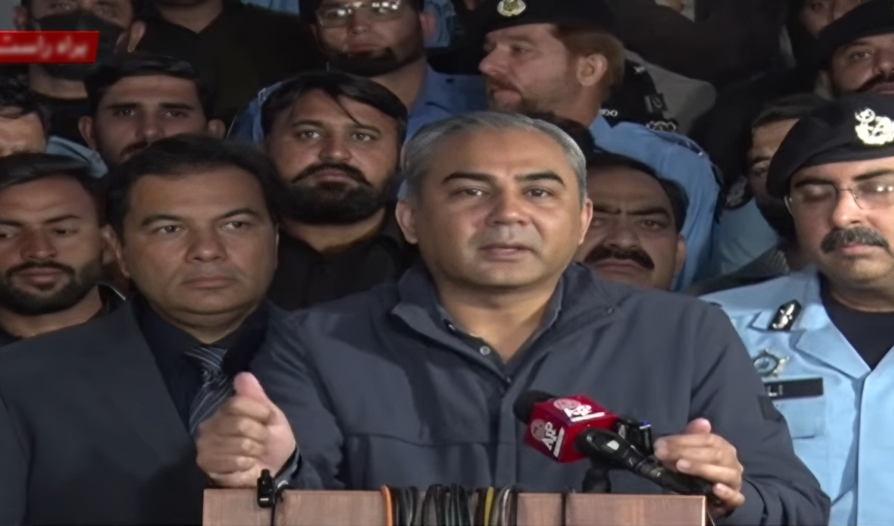 The screengrab taken from the live stream of PTV News shows Pakistan’s Interior Minister Mohsin Naqvi speaking at a press conference in Islamabad on November 21, 2024. (PTV News/File)