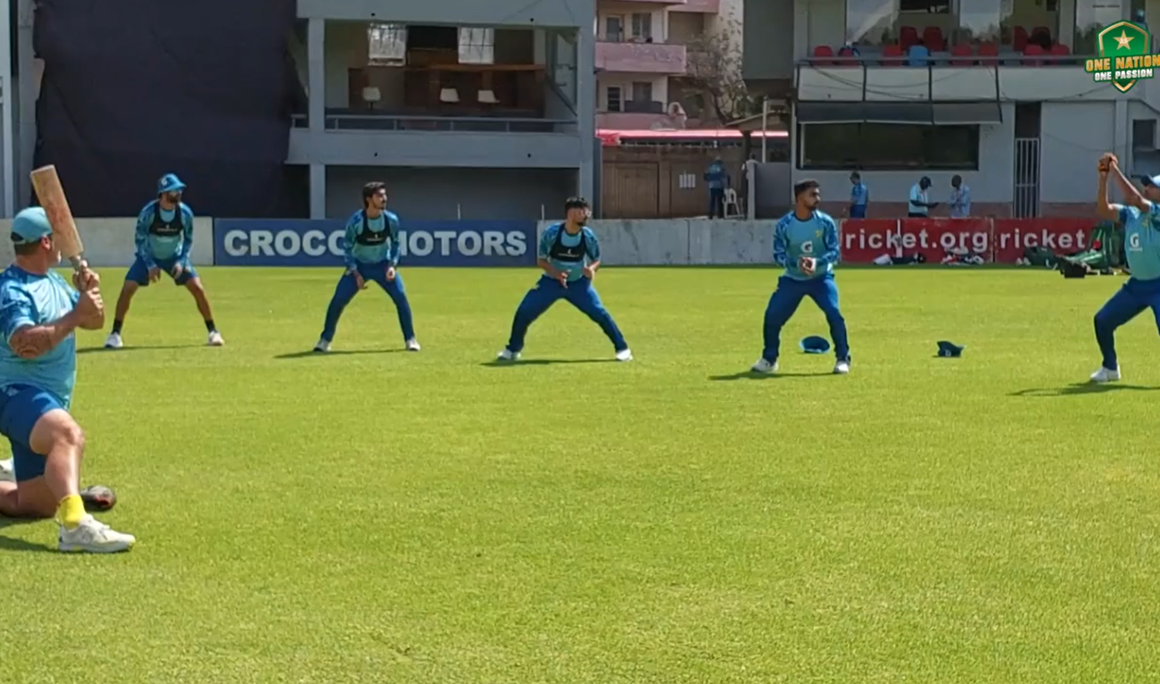 This screengrab, taken from a handout video released by Pakistan Cricket Board on October 24, 2024, shows Pakistani cricketers attending the practice session ahead of their series against Zimbabwe in Bulawayo. (Photo courtesy: PCB)