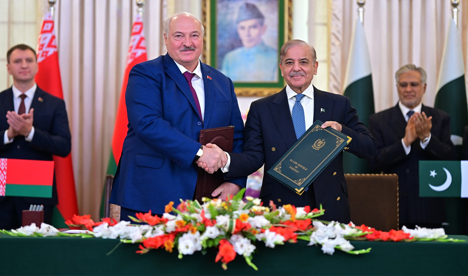 akistani Prime Minister Shehbaz Sharif and Belarus President Aleksandr Lukashenko shake hands after witnessing the signing of 15 memorandums of agreements in Islamabad on November 26, 2024. (PTV News)