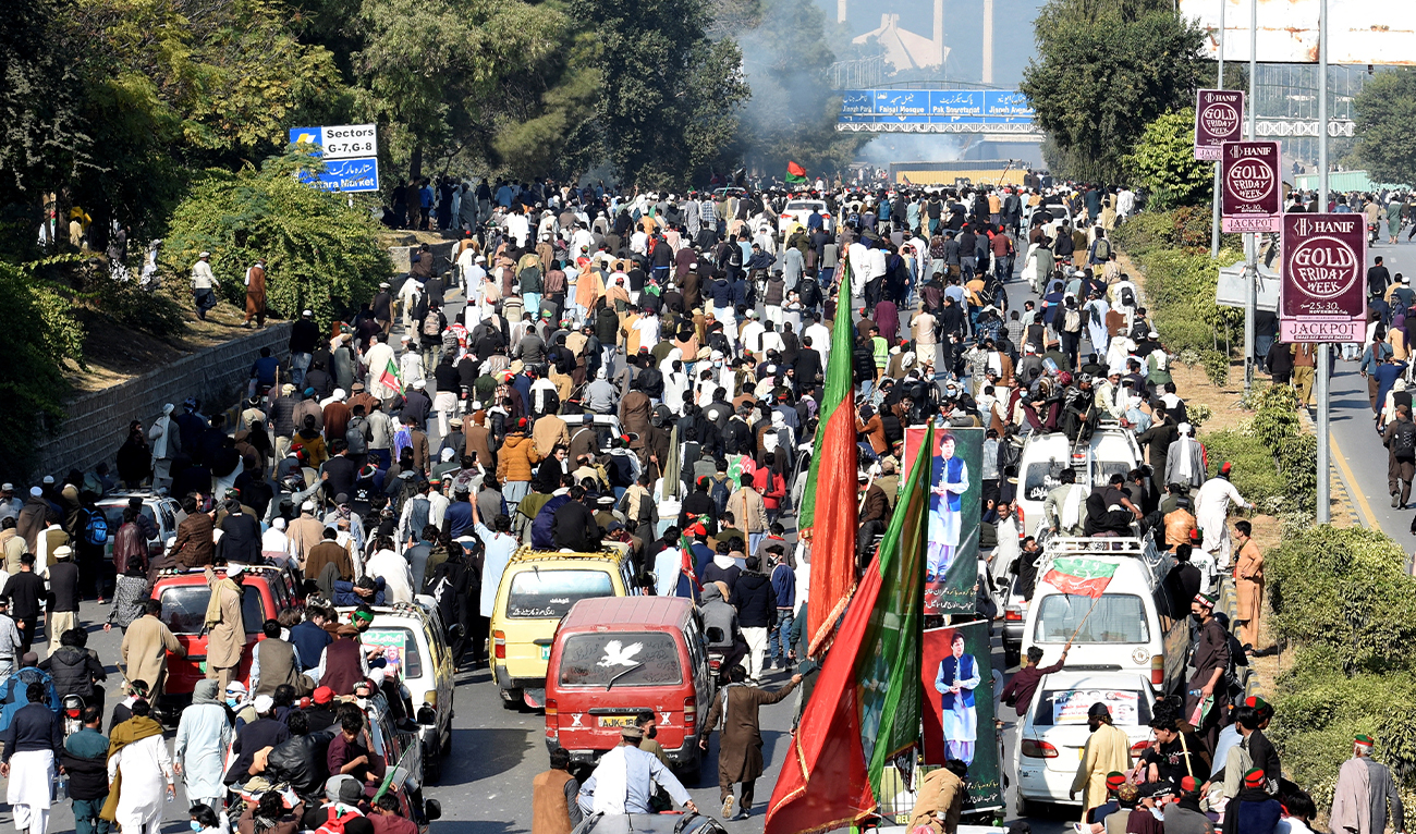 Supporters of the former Pakistani Prime Minister Imran Khan’s party, Pakistan Tehreek-e-Insaf (PTI), attend a protest demanding the release of Khan, in Islamabad, Pakistan, on November 26, 2024. (REUTERS)