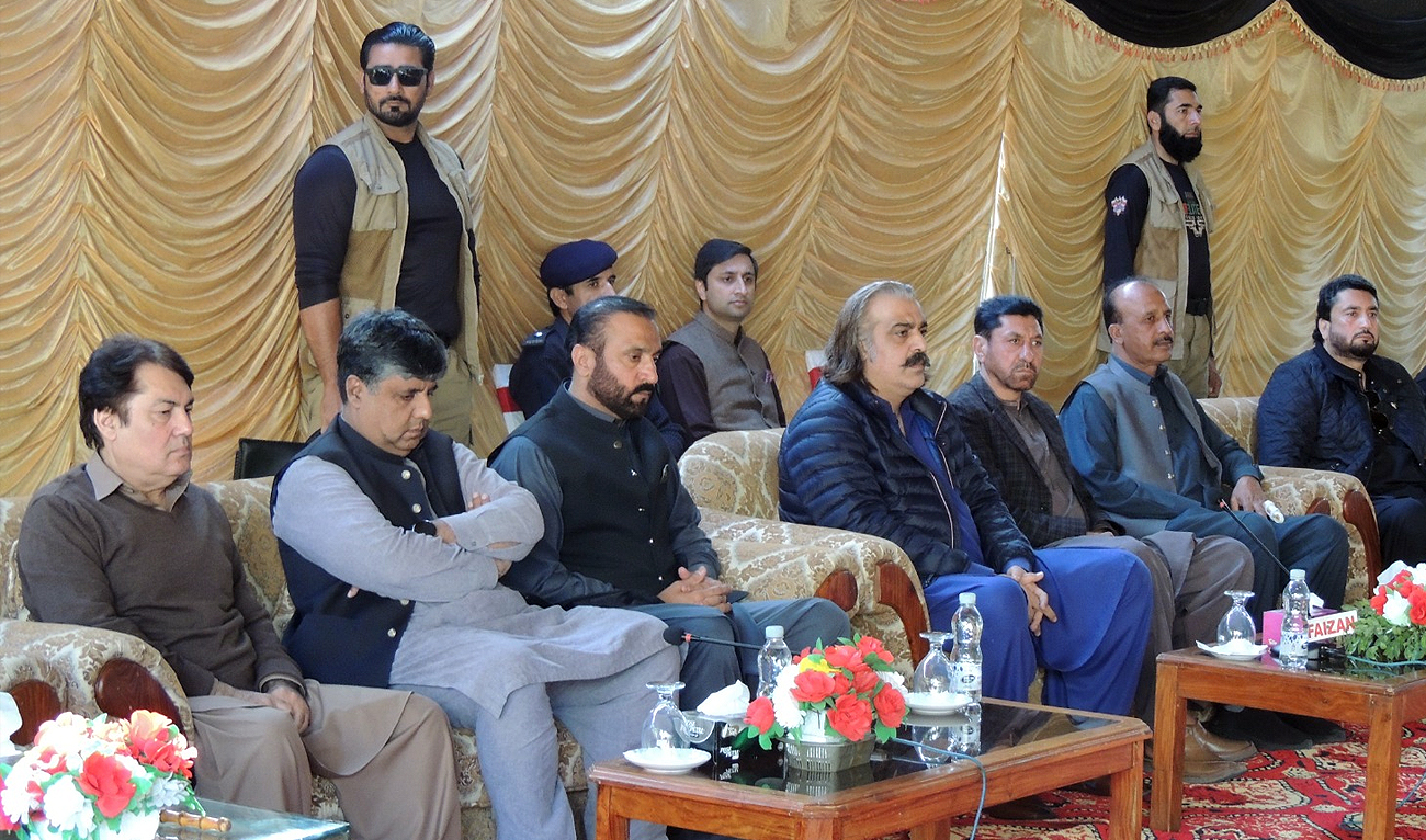 Khyber Pakhtunkhwa Chief Minister Ali Amin Gandapur (center, seated) attends a grand jirga in Kohat, Pakistan, on November 30, 2024, to discuss the security situation in Kurram district. (Photo courtesy: Chief Minister’s Office)