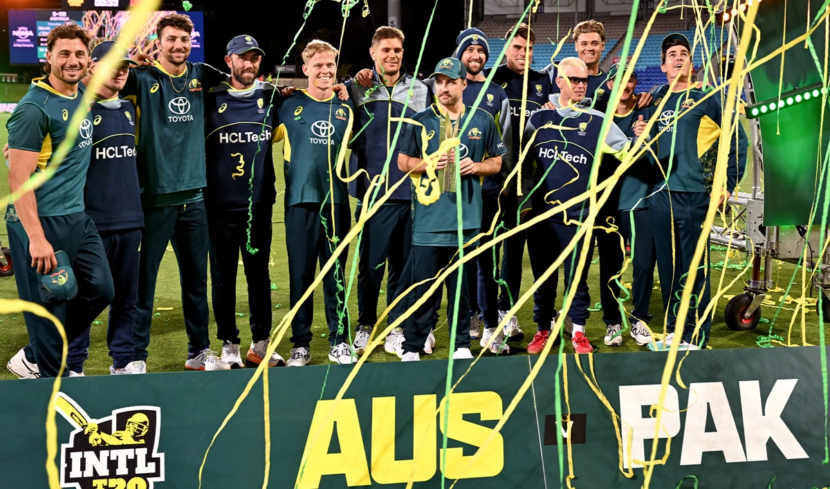 Australia celebrates with the trophy after the third Twenty20 international cricket match between Australia and Pakistan at the Bellerive Oval in Hobart on November 18, 2024. (AFP)