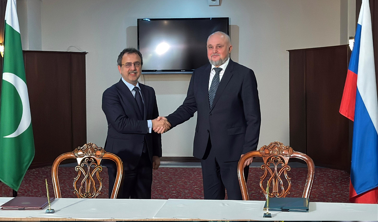 In this handout photograph released by Pakistan’s embassy in Moscow on December 4, 2024, Pakistani miniter for power, Sardar Awais Ahmed Khan Leghari, meets Russian minister for energy, Sergey Tsivilev, following the 9th Session of Pakistan-Russia Inter-Governmental Commission. (Photo Courtesy: X@PakinRussia)