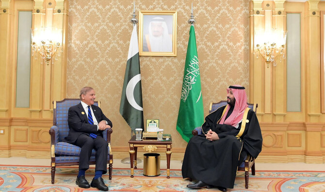 In this handout photograph, released by Pakistan’s Press Information Department on December 3, 2024, Prime Minister Shehbaz Sharif (left) meets Saudi Arabia’s Crown Prince Mohammed bin Salman on the sidelines of the One Water Summit in Riyadh, Saudi Arabia. (PID)