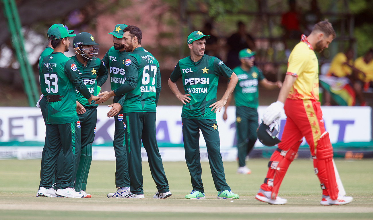 Pakistan celebrates the wicket of Zimbabwe's Ryan Burl during the second T20 cricket match between Zimbabwe and Pakistan at Queens Sports Club in Bulawayo, Zimbabwe, on December 3, 2024. (AP/File)