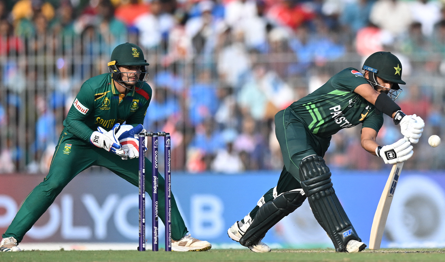 Pakistan's Saud Shakeel (R) plays a shot during the 2023 ICC Men's Cricket World Cup one-day international (ODI) match between Pakistan and South Africa at the MA Chidambaram Stadium in Chennai on October 27, 2023. (AFP/File)
