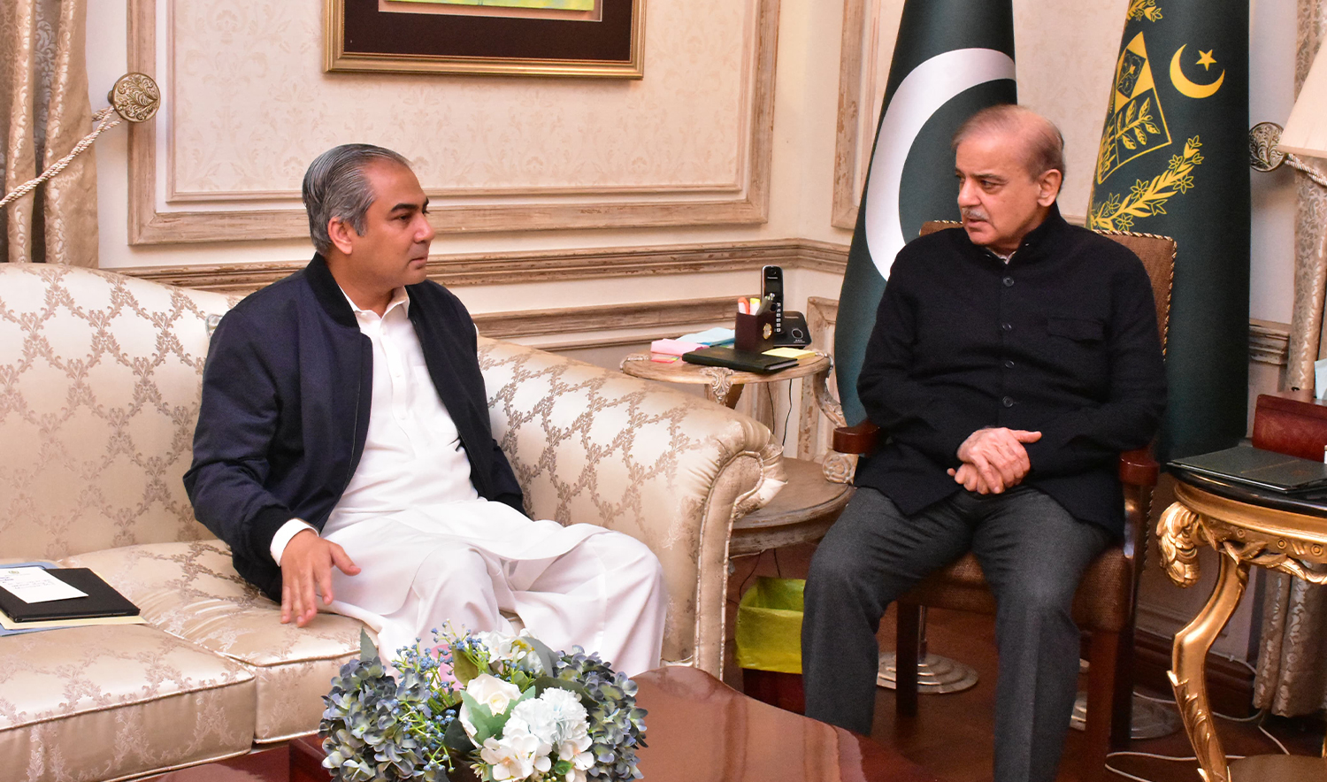 Pakistan Cricket Board (PCB) Chairman Moshin Naqvi (left) calls on Prime Minister Shehbaz Sharif in Lahore, Pakistan, on December 8, 2024. (PM Office)