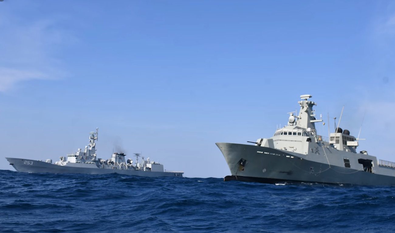 Pakistan Navy ship Saif (right) conducts joint patrol and passage exercises with Royal Navy of Oman Vessel (RNOV) Al-Seeb and Spanish navy ship Santa Maria on December 10, 2024. (DGPR Pakistan Navy)