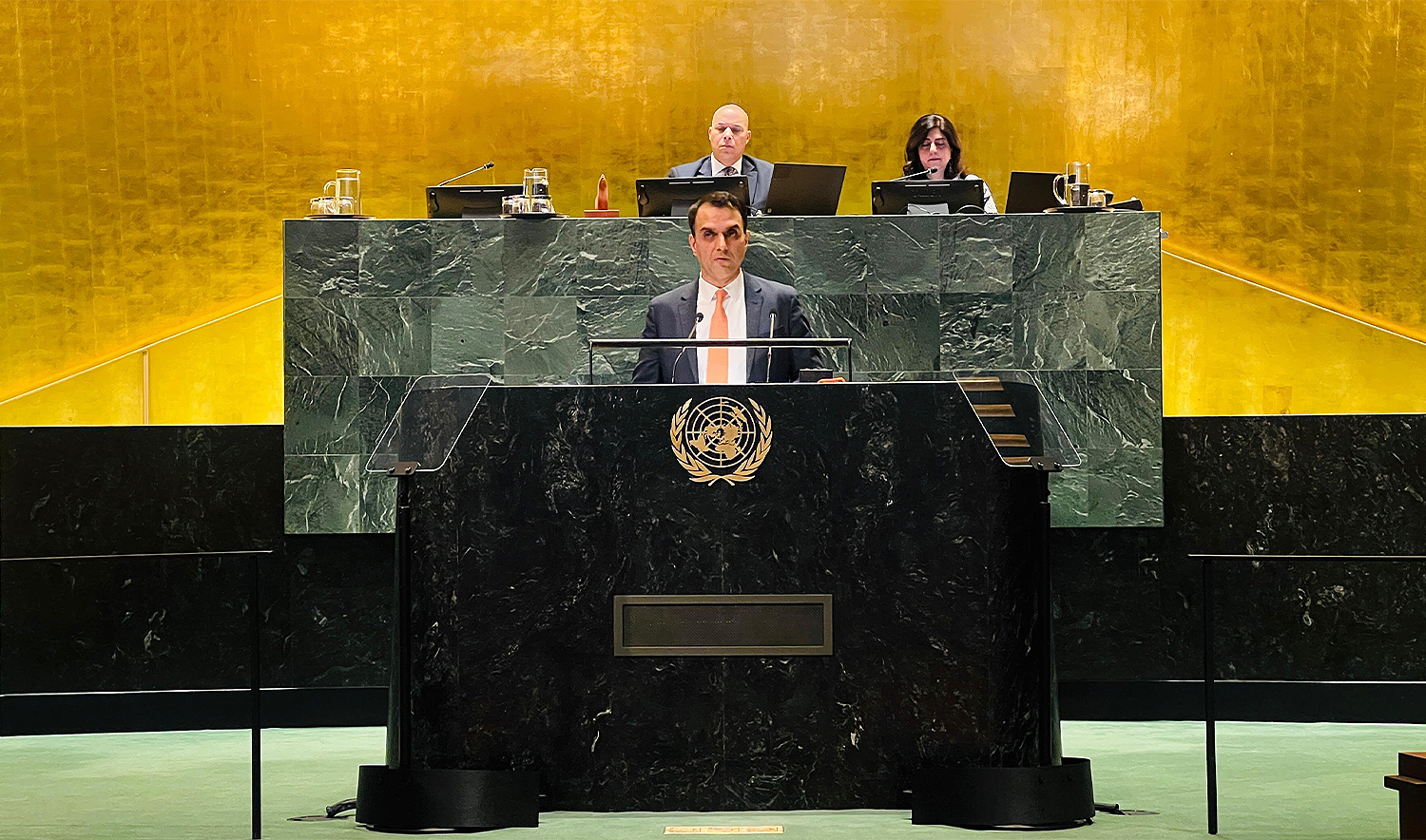Pakistan’s acting UN envoy Usman Jadoon is addrressing a session in the United Nations General Assembly in New York, US, on December 13, 2024. (@PakistanUN_NY/X)