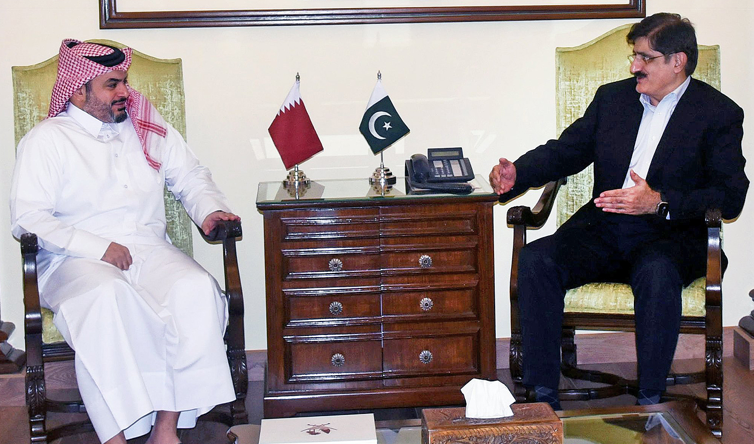 Chief Minister Sindh Syed Murad Ali Shah (right) meets Qatar Consul General Naif Shaheen Al-Sulaiti in Karachi, Pakistan, on December 13, 2024. (@SindhCMHouse/X)