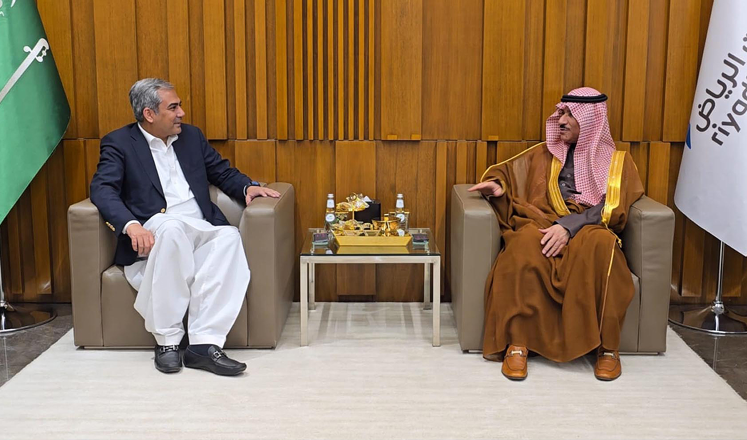 Pakistan’s Interior Minister Mohsin Naqvi (left) meets Saudi Undersecretary of Interior Dr. Khalid bin Mohammed Al-Battal in Riyadh, Saudi Arabia, on December 15, 2024. (PID)
