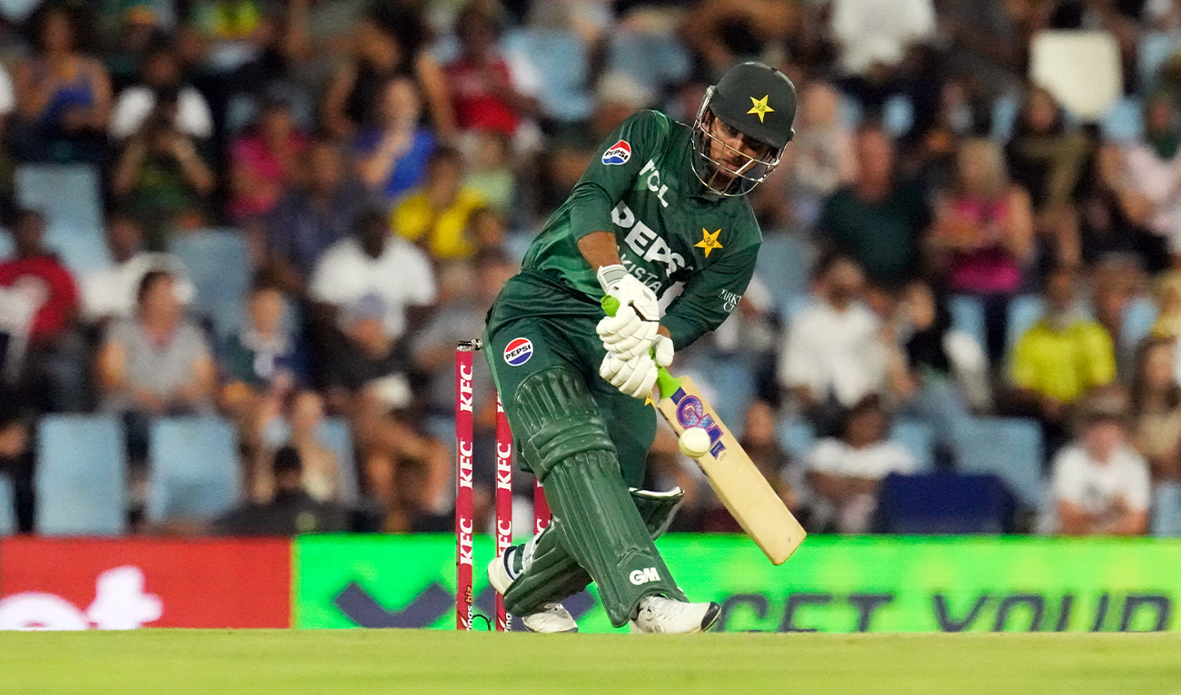 Pakistan’s Saim Ayub plays a shot during the second T20 International cricket match between South Africa and Pakistan, at Centurion Park in Centurion, South Africa, on December 13, 2024. (AP/File)