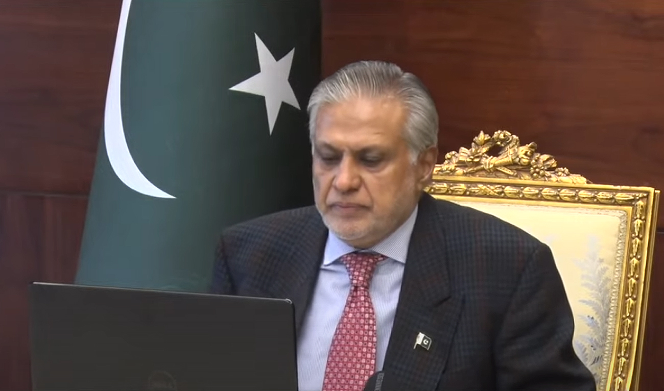 Pakistan’s Deputy Prime Minister and Foreign Minister Ishaq Dar virtually addresses the Conference on Interaction and Confidence Building Measures in Asia (CICA) being held in Baku, Azerbaijan, on December 17, 2024. (PTV News)
