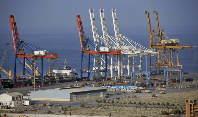 Heavy-duty cranes towering above the first, 602-meter long quay of the port of Gwadar in Balochistan on Oct. 3 2017. (AP/File)
