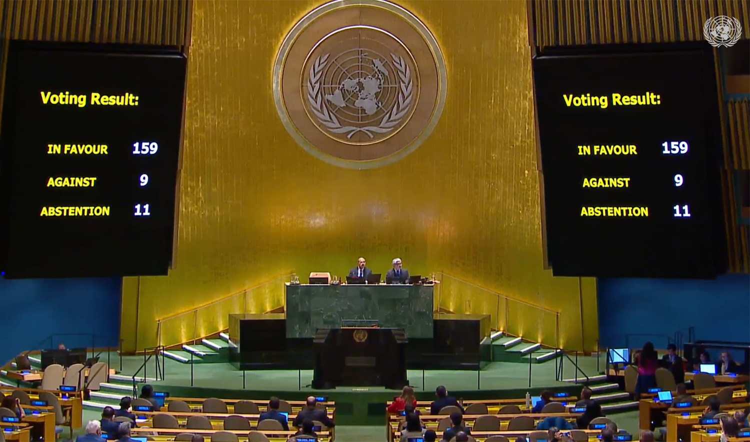 The image shows voting results of the Pakistan-sponsored resolution during the 10th Emergency Special Session at the United Nations General Assembly in New York on December 18, 2024. (@UN_PGA/X)