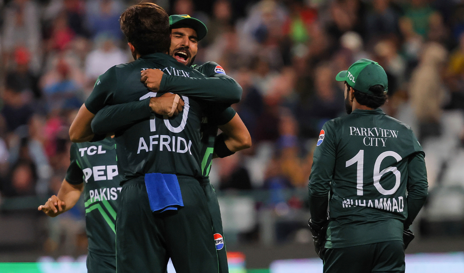 Pakistan celebrate the wicket of South African batsman Marco Jansen during the second ODI International cricket match between South Africa and Pakistan in Cape Town, South Africa, on December 19, 2024. (AP)