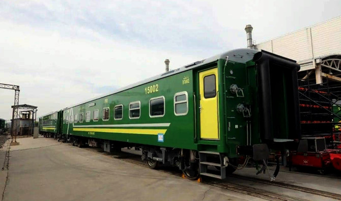 This file photograph, released by Pakistan Railways on August 28, 2022, shows the exterior of one of the passenger coaches Pakistan received from China in 2022. (Photo courtesy: Pakistan Railways/File)
