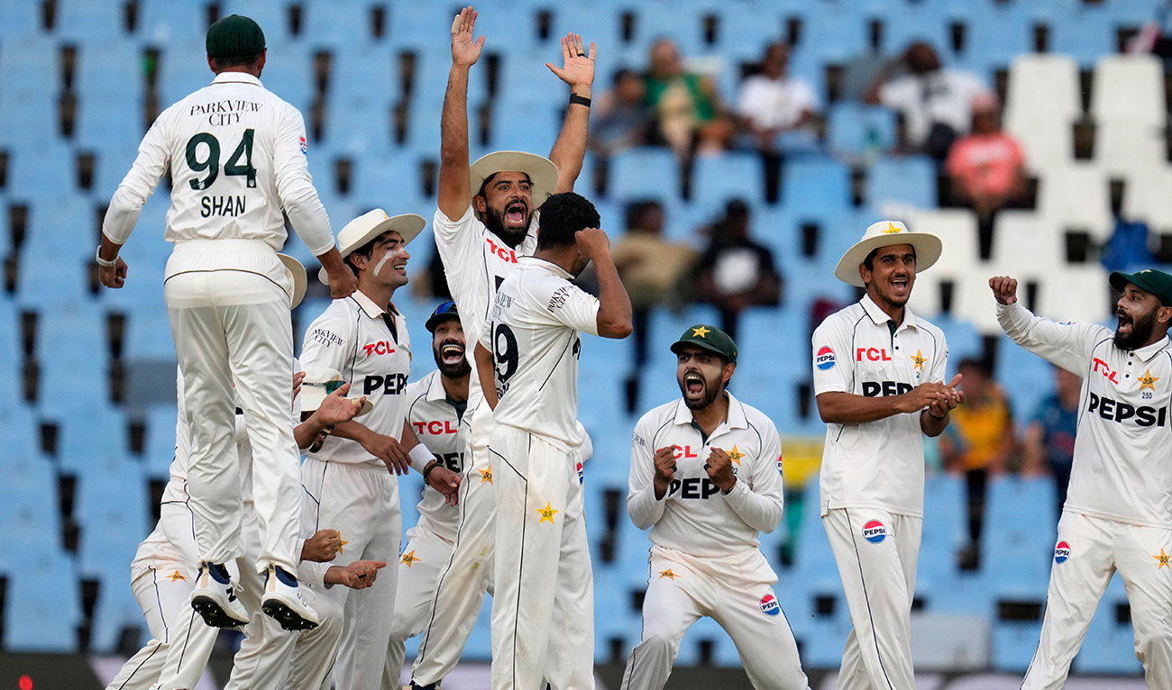 Pakistan’s players celebrate after successfully appealing for LBW against South Africa’s Tristan Stubbs during day three of the Test cricket match between South Africa and Pakistan, at the Centurion Park in Centurion, South Africa on December 28, 2024. (AP)