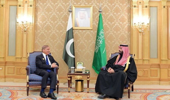 In this handout photograph, released by Pakistan’s Press Information Department on December 3, 2024, Prime Minister Shehbaz Sharif (left) meets Saudi Arabia’s Crown Prince Mohammed bin Salman on the sidelines of the One Water Summit in Riyadh, Saudi Arabia. (PID)