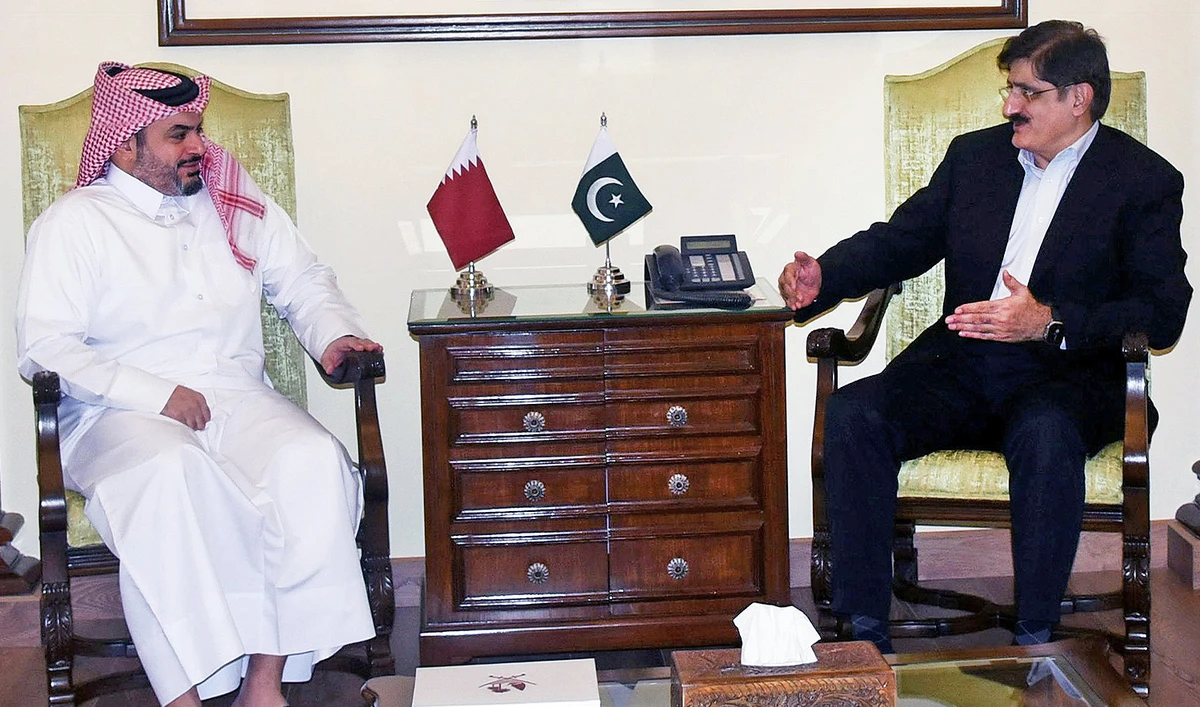 Chief Minister Sindh Syed Murad Ali Shah (right) meets Qatar Consul General Naif Shaheen Al-Sulaiti in Karachi, Pakistan, on December 13, 2024. (@SindhCMHouse/X)