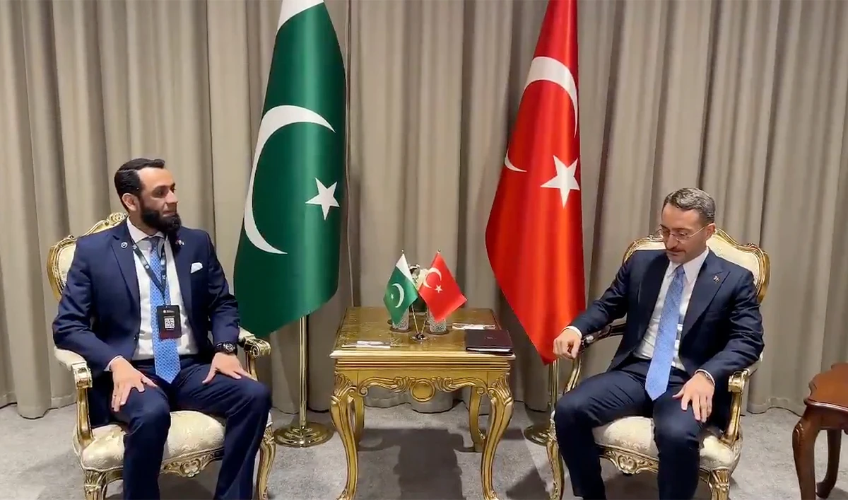 Pakistan’s Information Minister Ataullah Tarar (left) and Turkiye’s Head of Communications Professor Fahrettin Altun hold a meeting at the Turkish Presidency in Ankara on December 13, 2024. (@TararAttaullah/X)