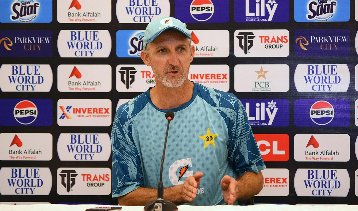 Pakistan's former head coach Jason Gillespie speaks during a press conference at the Multan Cricket Stadium in Multan, Pakistan, on September 2, 2024. (Pakistan Cricket Board/File)