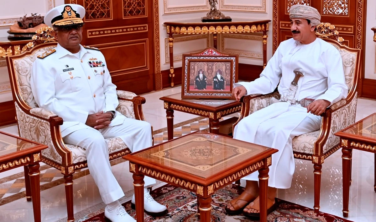 In this handout photograph released by the Pakistan Navy on December 19, 2024, Pakistan’s Chief of the Naval Staff, Admiral Naveed Ashraf, meets the Minister of Royal Office, General Sultan Mohammad Al Nu’amani in Muscat, Oman. (Photo Courtesy: Pakistan Navy)