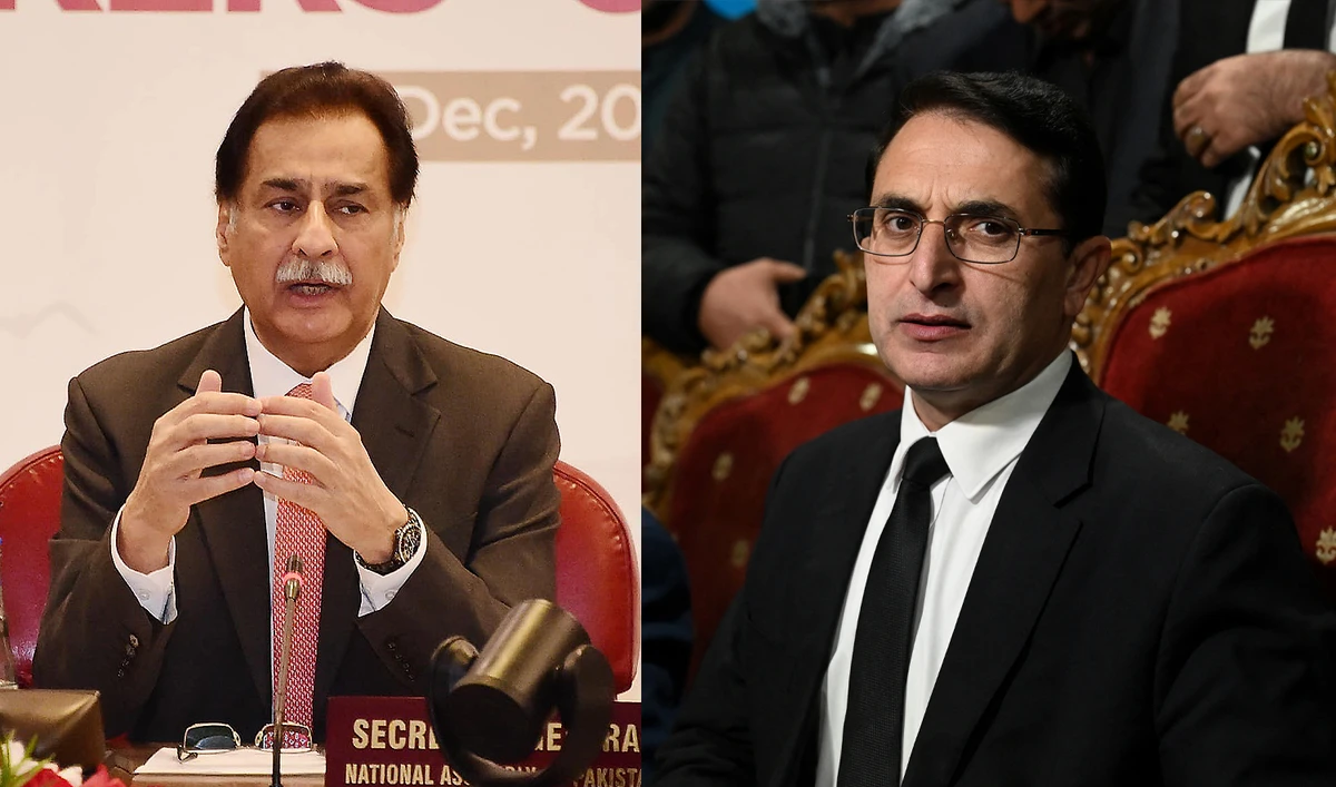 The collage of images created on December 22, 2024, shows National Assembly Speaker Sardar Ayaz Sadiq (left) and PTI Chairman Barrister Gohar Khan. (Sardar Ayaz Sadiq/AFP/File)
