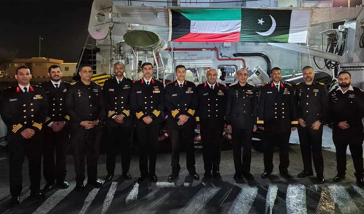 Navy officers of Pakistan and Kuwait pose for a group picture onboard Pakistan Navy Ship (PNS) Rasadgar during the Pakistan Navy flotilla to Kuwait on December 20, 2024. (@dgprPaknavy/X)