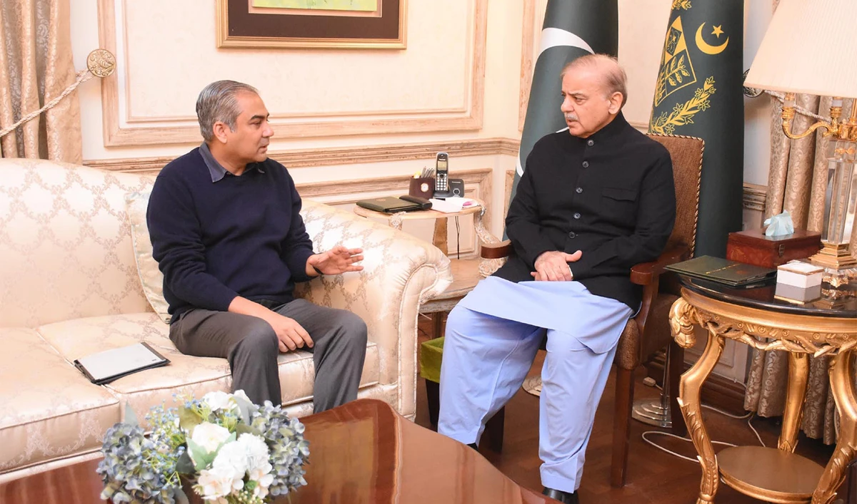 Pakistan's Interior Minister Mohsin Naqvi (left) calls on Prime Minister Shehbaz Sharif in Lahore, Pakistan, on December 22, 2024. (PID)