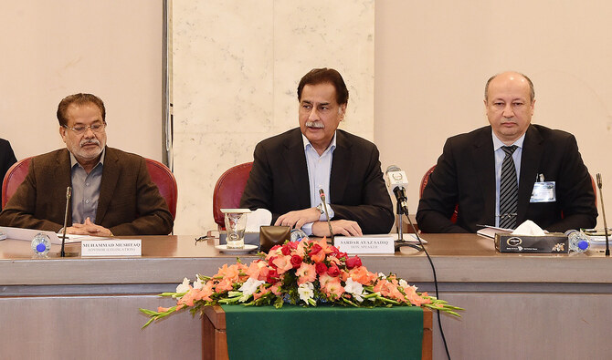Pakistan’s National Assembly Speaker Ayaz Sadiq (center) chairs the first meeting of the negotiations committee between the government and the opposition PTI party in Islamabad, Pakistan, on December 23, 2024. (@NAofPakistan/X)