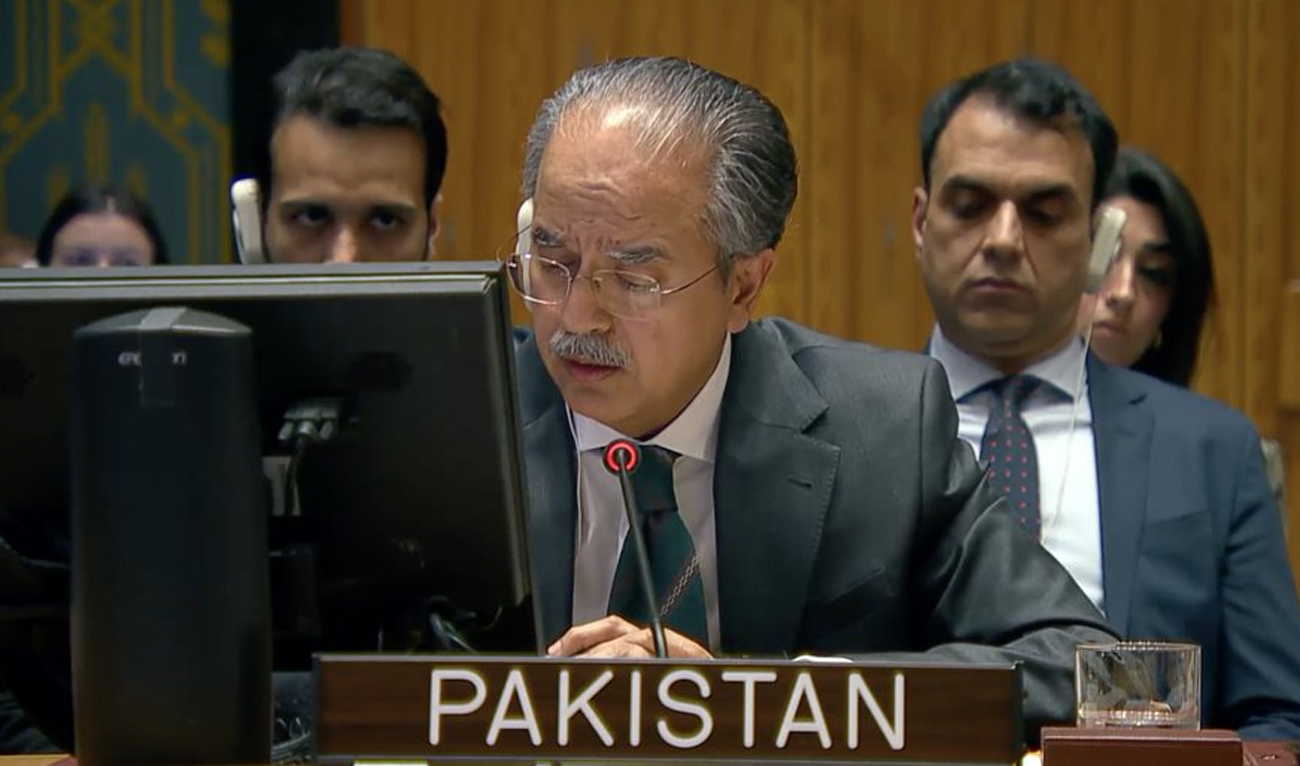 Ambassador Asim Iftikhar, Pakistan’s alternate permanent representative to the United Nations, speaks during a UN Security Council session, in New York on January 3, 2024. (@PakistanUN_NY/X)