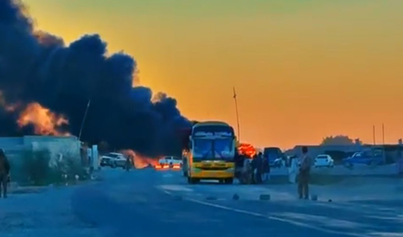 Plume of smoke rises from a vehicle following a blast, targeting a convoy of Pakistani paramilitary soldiers, in Turbat, Balochistan on January 4, 2025. (Photo courtesy: Turbat Administration)