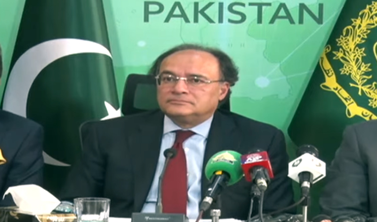In this screengrab taken from a video, Pakistan Finance Minister Muhammad Aurangzeb speaks during a press conference in Islamabad, Pakistan, on January 7, 2025. (Screengrab/PTV News)