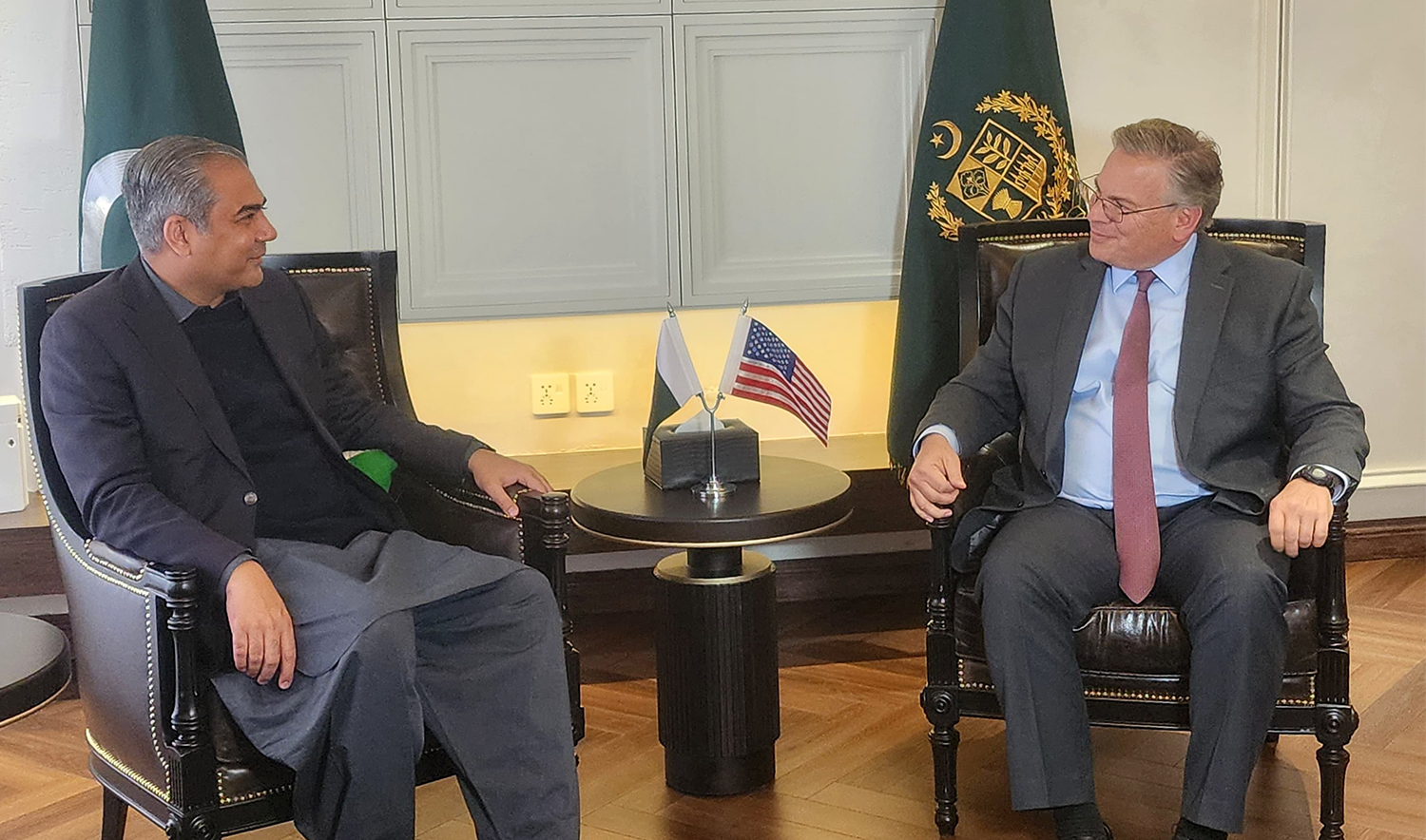 Pakistan’s Interior Minister Mohsin Naqvi (left) meets with the outgoing United States Ambassador Donald Blome in Islamabad, Pakistan, on January 9, 2025. (Interior Ministry of Pakistan)