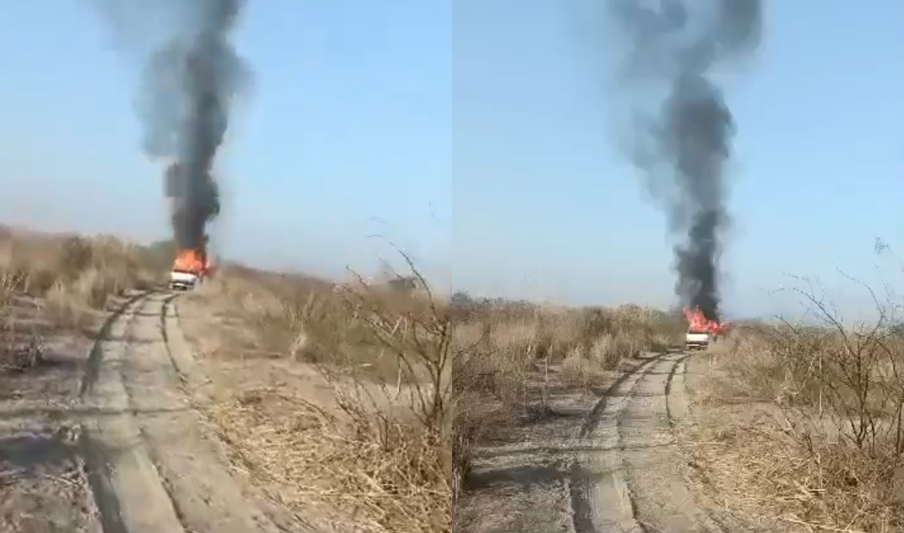 This combination of screengrabs, taken from a viral video on January 9, 2025, shows a plume of fire rising from a van in Lakki Marwat, Khyber Pakhtunkhwa. (Photo courtesy: X/@zarrar_11PK)