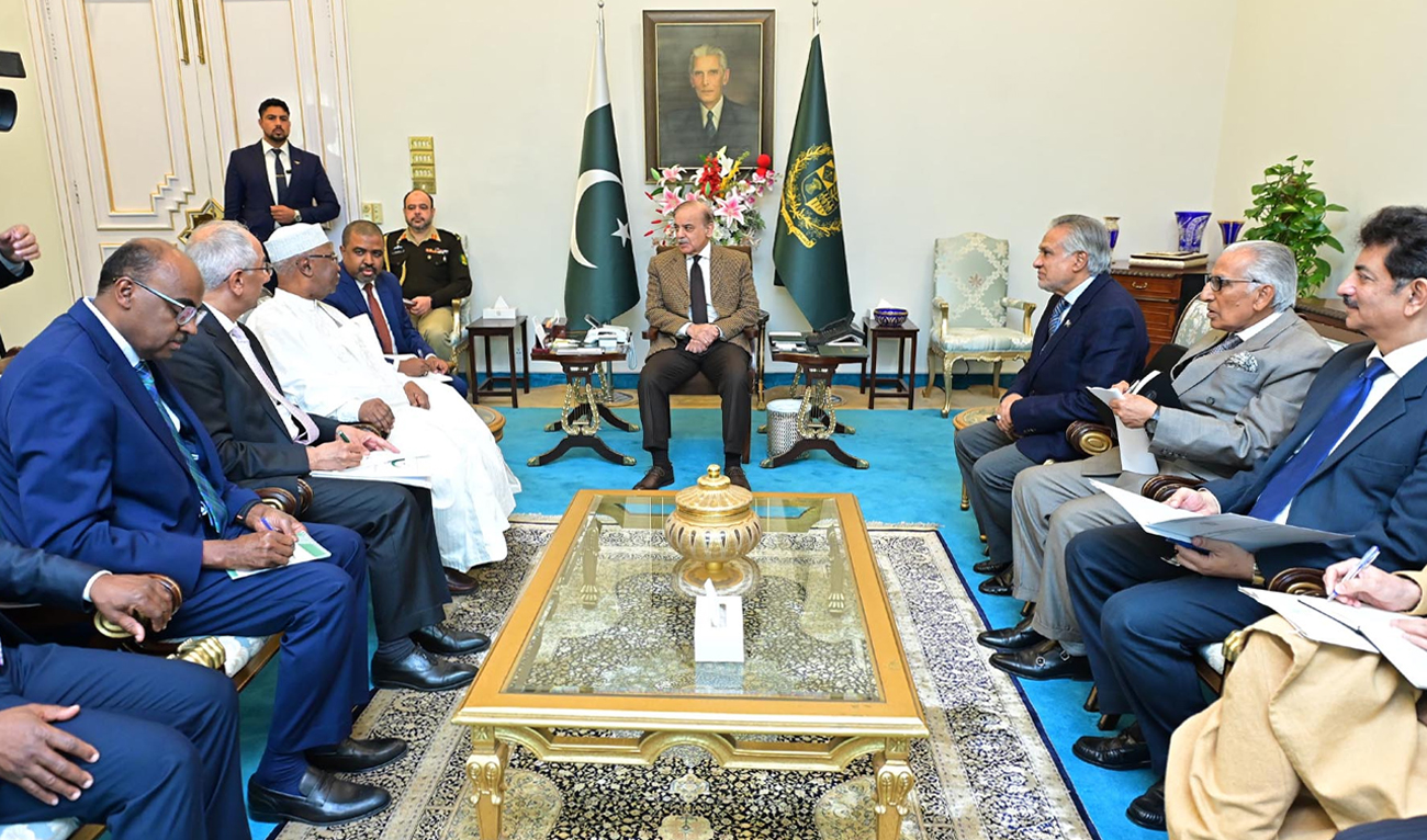 Pakistan Prime Minister Shehbaz Sharif (center) meets Secretary General of the Organization of Islamic Cooperation Hissein Brahim Taha (third-left) in Islamabad on January 10, 2025. (PID)