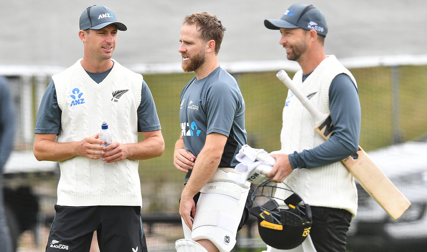 New Zealand's Kane Williamson (C) talks with temmates Will Young (L) and Devon Conway during a training session one day before the first Test cricket match between England and New Zealand at Hagley Oval in Christchurch on November 27, 2024. (AFP/File)