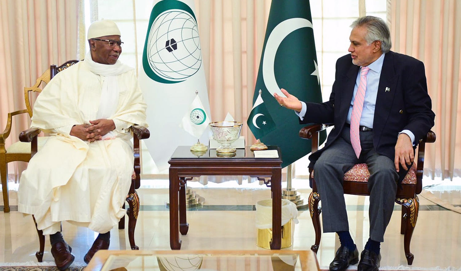 Secretary General of the Organization of Islamic Cooperation (OIC), Hissein Brahim Taha (left), calls on Pakistan’s Deputy Prime Minister Ishaq Dar in Islamabad, Pakistan, on January 11, 2025. (Government of Pakistan)
