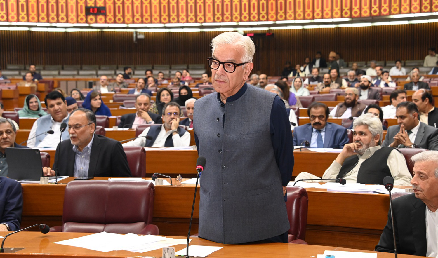 Pakistan’s Defense Minister Khawaja Muhammad Asif speaking during a session of National Assembly in Islamabad, Pakistan, on October 21, 2024. (National Assembly of Pakistan/File)